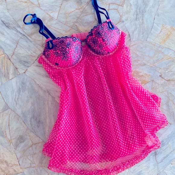 34B Pink Polka Dot Sexy Little Things Flyaway Babydoll Lace Mesh Flyaway - Picture 1 of 9